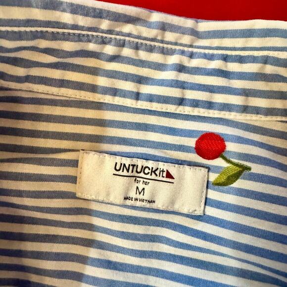 Embroidered Cherry Stripe Button Down Shirt Women's Medium Fruitcore Coquette - Picture 13 of 16